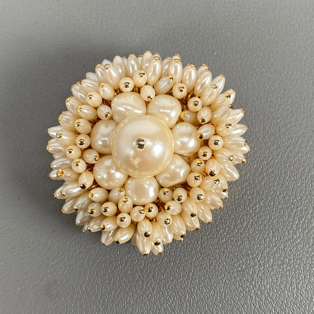 Vintage Monet Faux Pearl Domed Cluster Statement Pin Brooch Gold Tone Textured